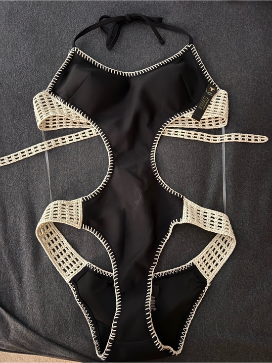 Victoria's Secret Other - Victoria's Secret Black One-Piece with Cream Crochet Trim